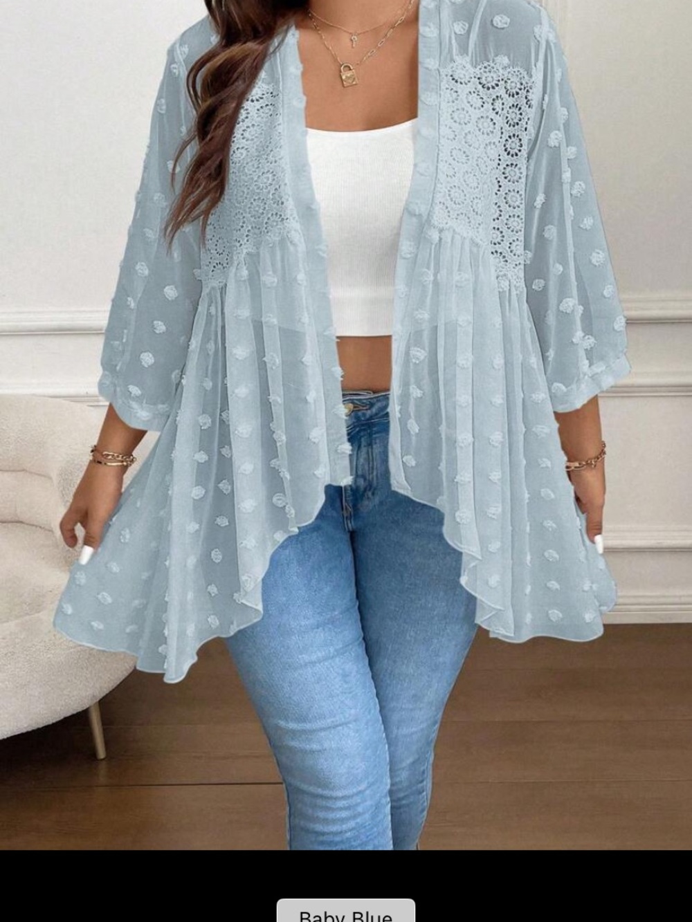 SHEIN Baby Blue Crochet Trim Sheer Kimono Cardigan
